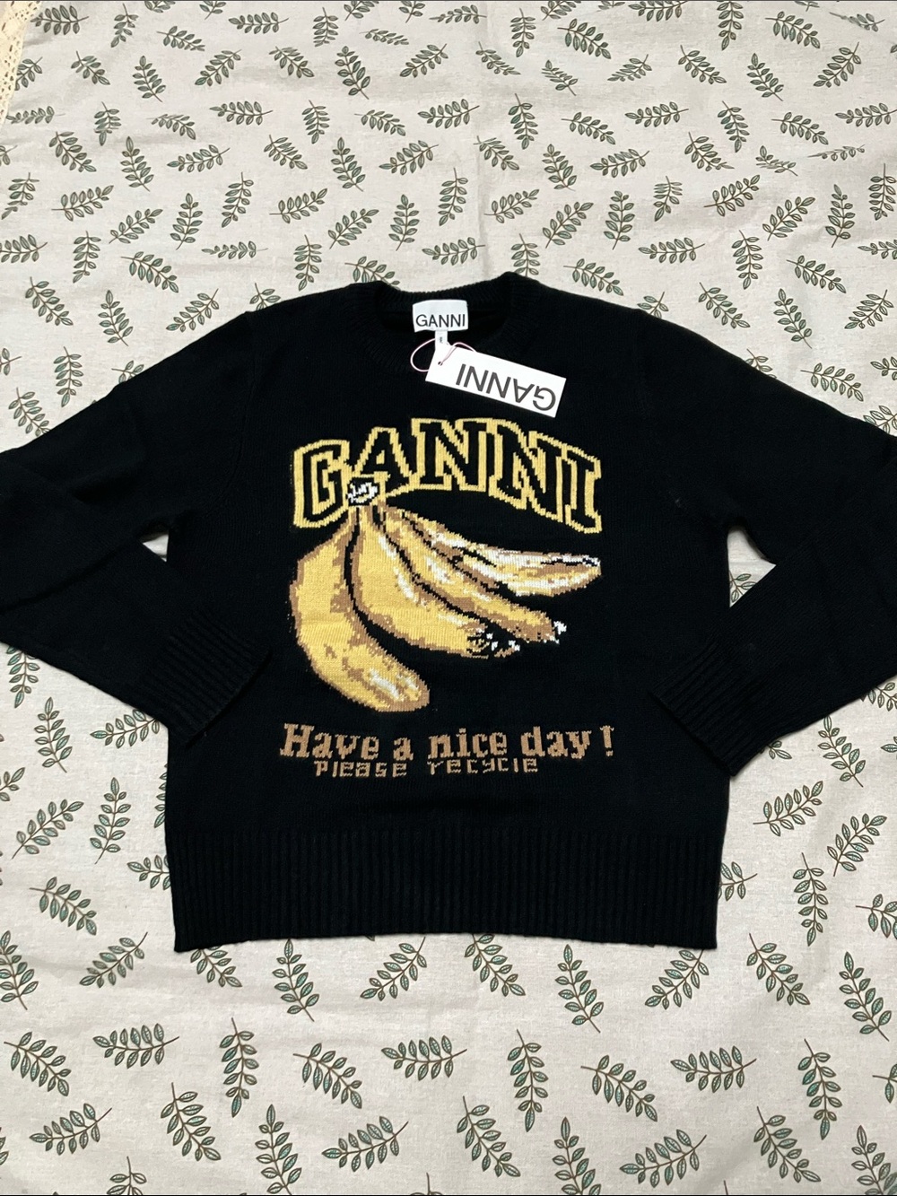 Ganni Black Sweater Fun Banana Graphic cropped knit sweater Have a nice day